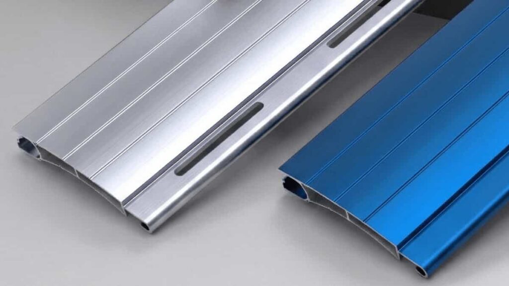 High-gloss silver and metallic blue aluminum shutter slats displayed next to a heavy-duty guide rail profile, highlighting the smooth finish.
