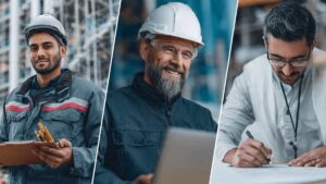 Collage showing three diverse career paths in the aluminium fenestration industry: a site installer with a safety helmet, a project manager on-site, and a technical draftsman designing plans.