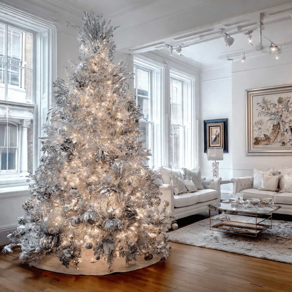 A large, full silver aluminum Christmas tree in a bright, all-white modern living room with sleek furniture.