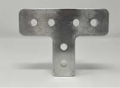 A flat, multi-holed aluminium T-bracket connector used for joining three aluminum profiles or reinforcing structural T-junctions in framing and industrial fabrication.