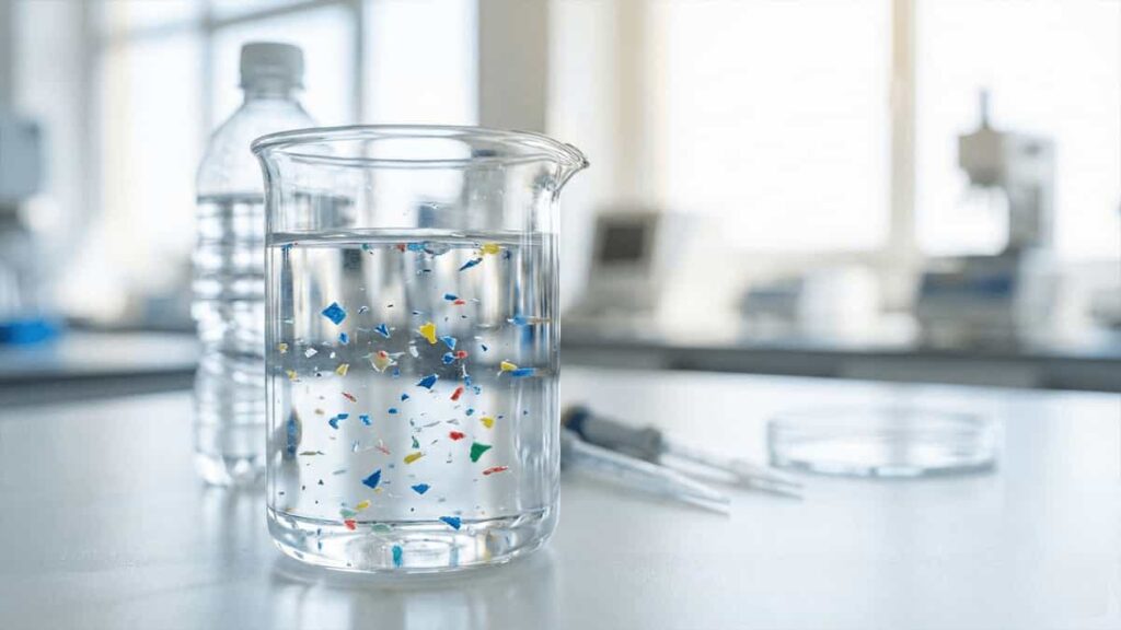 A laboratory beaker filled with water containing visible colorful microplastic particles, sitting next to a clear plastic water bottle and pipettes.