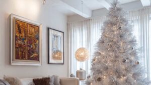 A stylish silver aluminium Christmas tree decorated with minimalist ornaments in a modern living room, showcasing 2025 aluminum holiday decor trends.