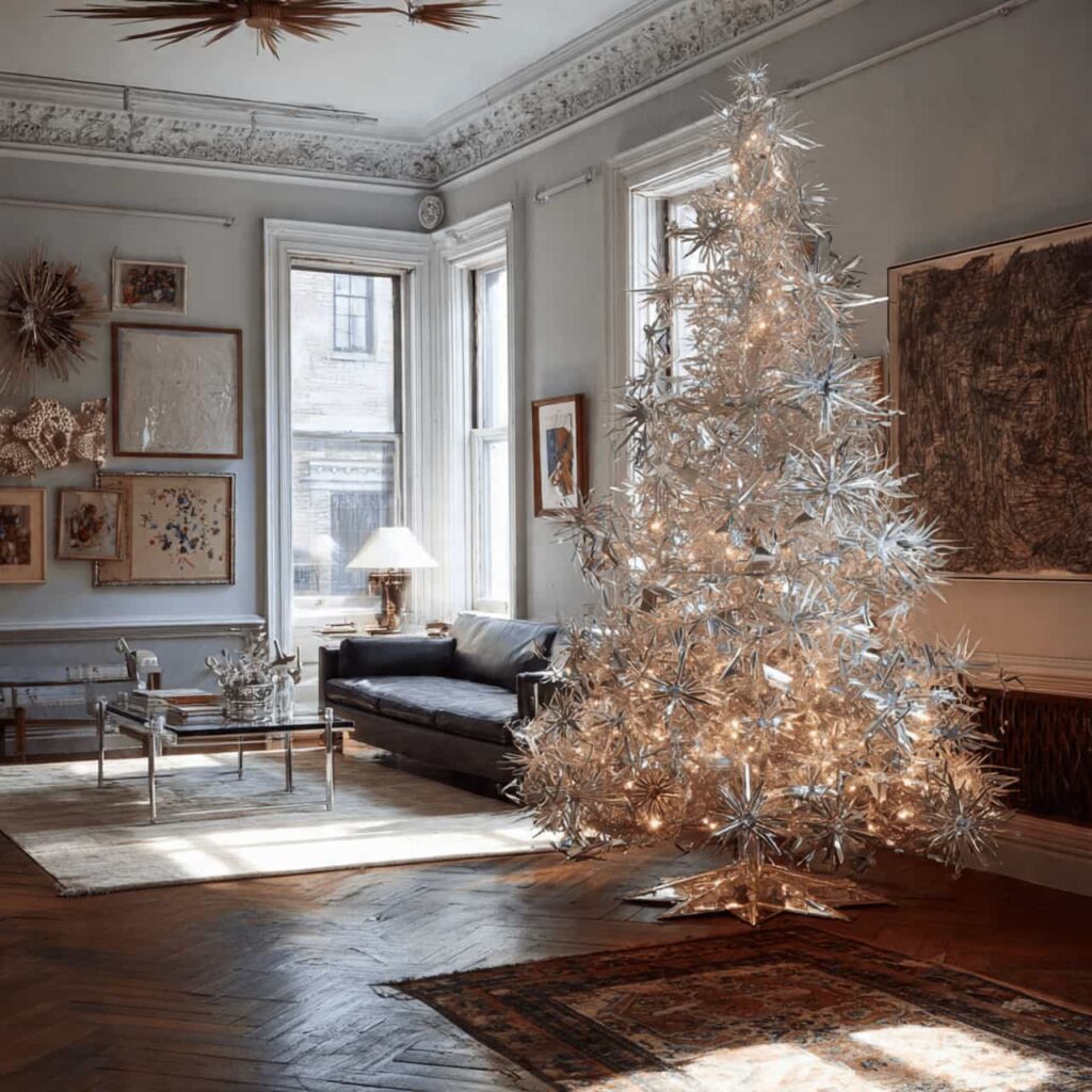 A starburst-style aluminum Christmas tree with glowing lights in a contemporary city apartment with large windows and eclectic art.