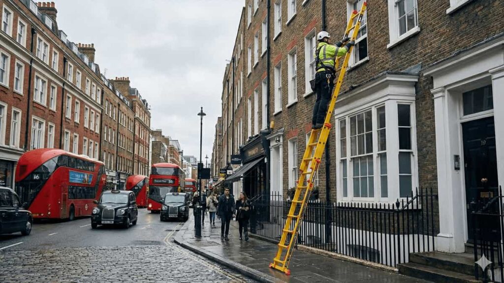 A professional working on a building facade using a yellow powder-coated aluminium extension ladder for high visibility and corrosion resistance.