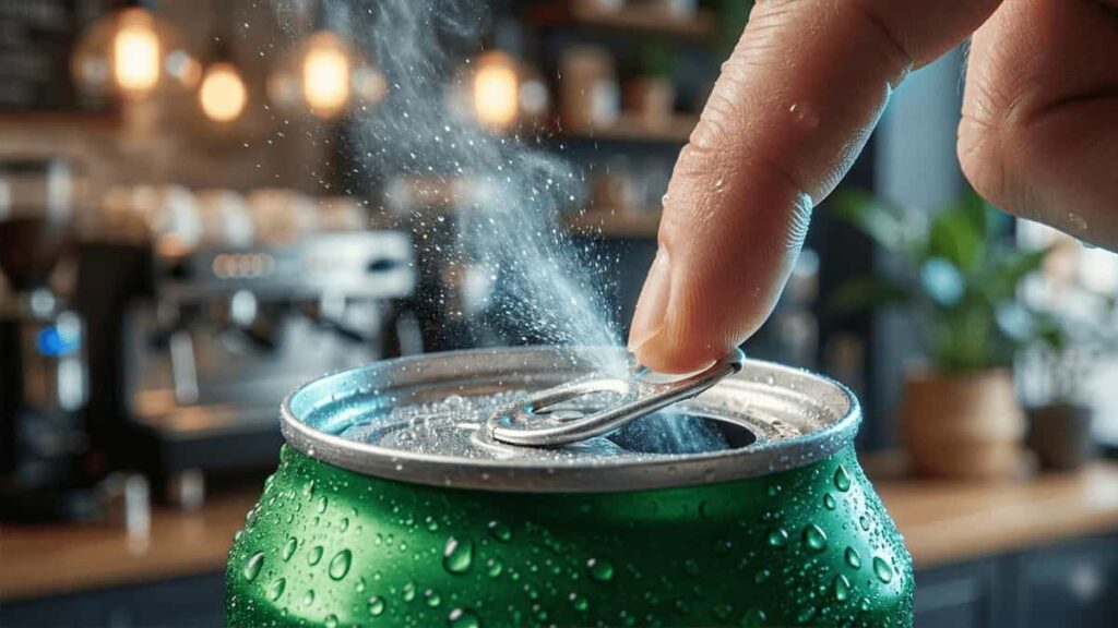 Macro photography of a soda can tab being pulled open, releasing a mist of carbonated gas and creating the pssst sound.