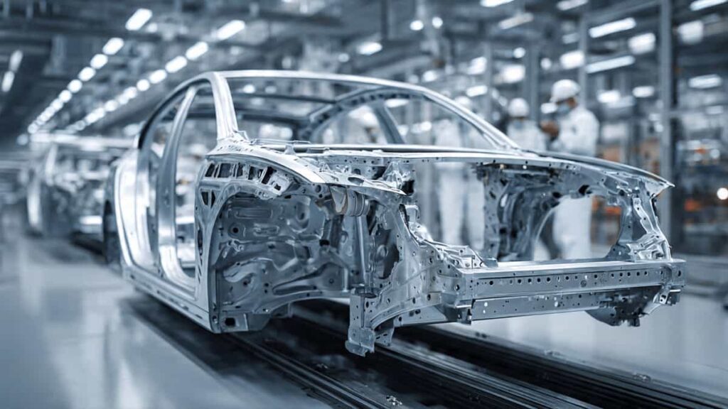 A complete aluminum vehicle body-in-white (BIW) frame moving down an automated assembly line.