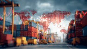 Global trade disruption visualized with shipping containers, world map overlay, and market volatility charts representing tariff impact.