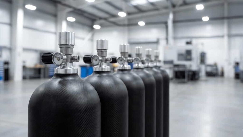 Row of composite hydrogen storage cylinders with aluminium liners inside a manufacturing facility.