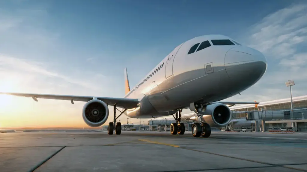 Aircraft wing and engine in flight showing smooth aluminium body surfaces