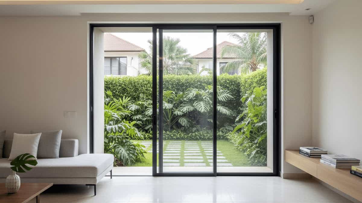 modern living room with aluminium sliding glass door opening to garden patio compared with bifold door concept