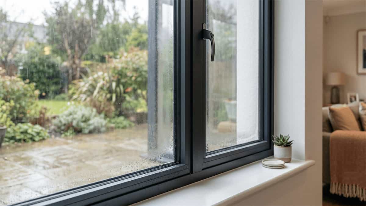Aluminium window with condensation and rainwater droplets showing real-world moisture issue