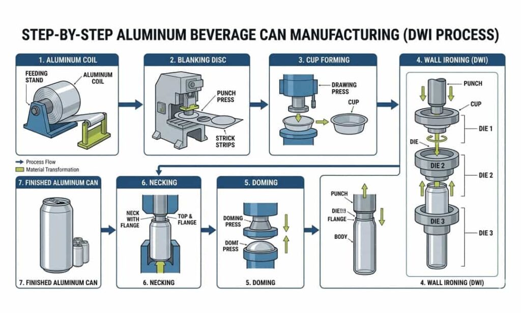 aluminum beverage can manufacturing process draw and wall ironing diagram