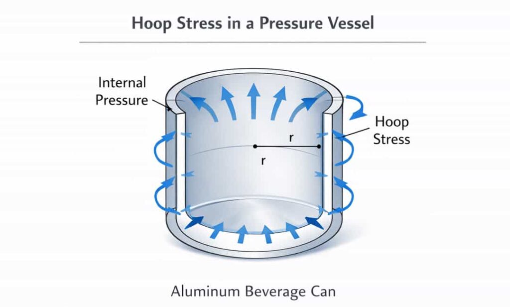 hoop stress acting on aluminum beverage can cylinder due to internal pressure
