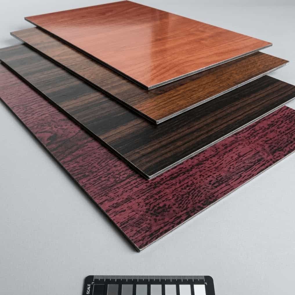 A stack of aluminum composite panels (ACP) showing various wood-grain and decorative finishes for building facades.