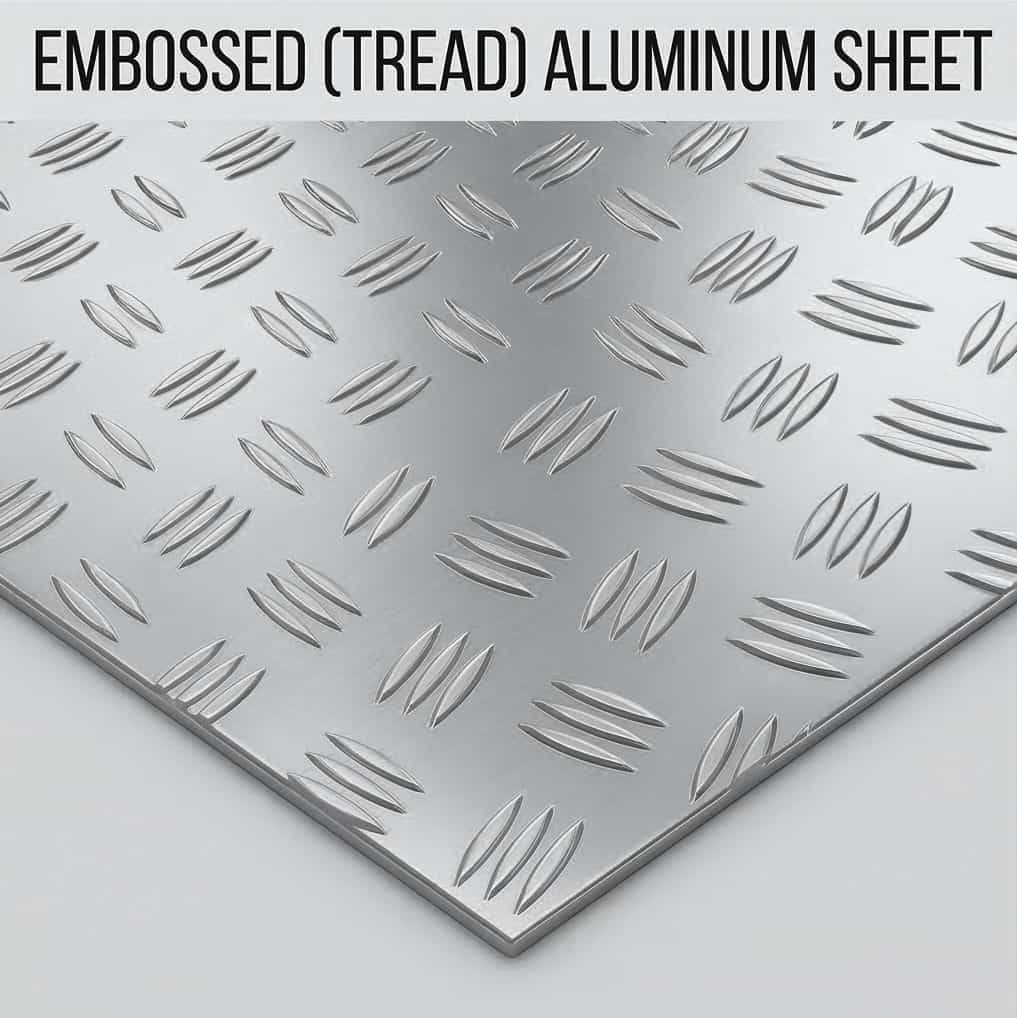 Embossed aluminum tread sheet with a raised diamond pattern for anti-slip flooring and industrial use.