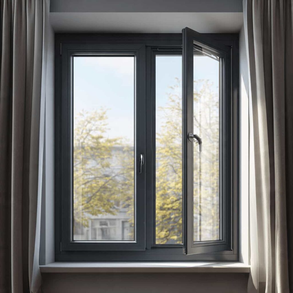 Inward opening aluminium casement window open into the room