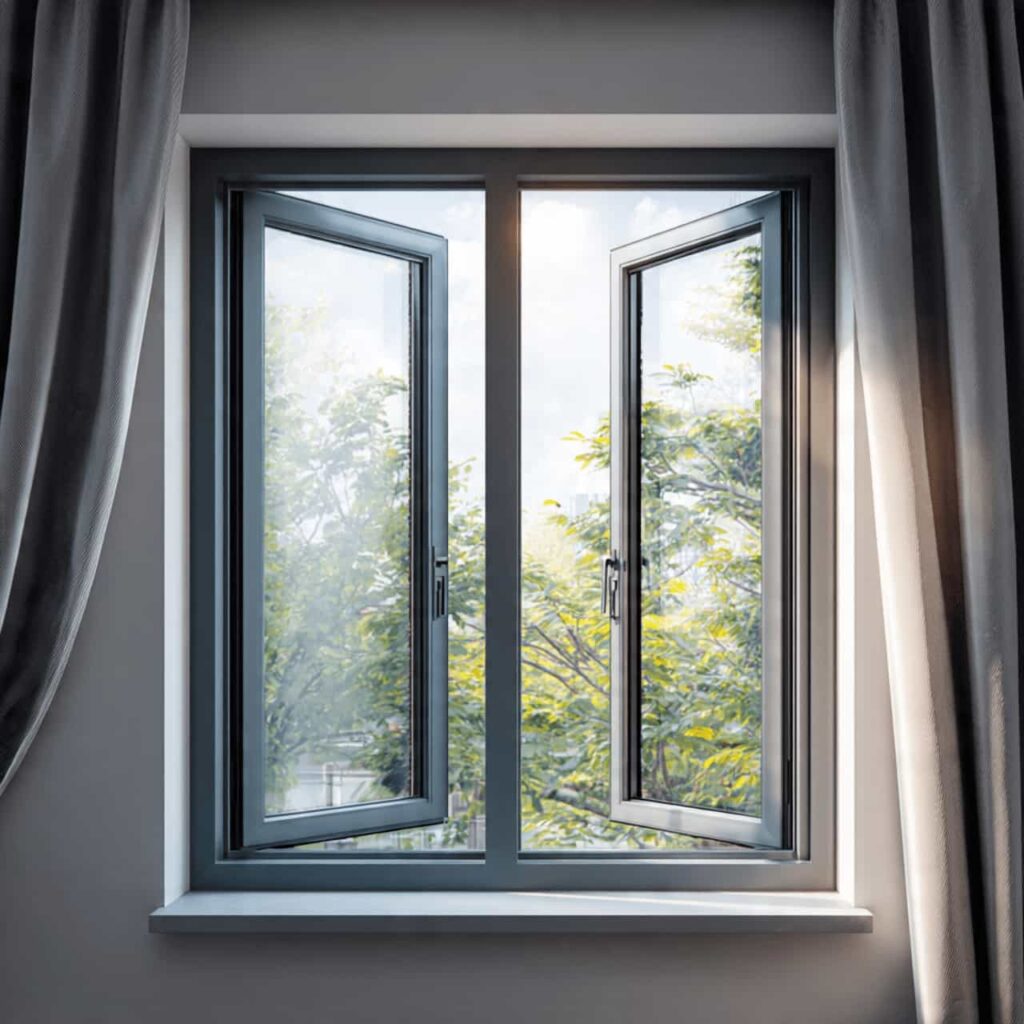 Outward opening aluminium casement window open at 45 degrees