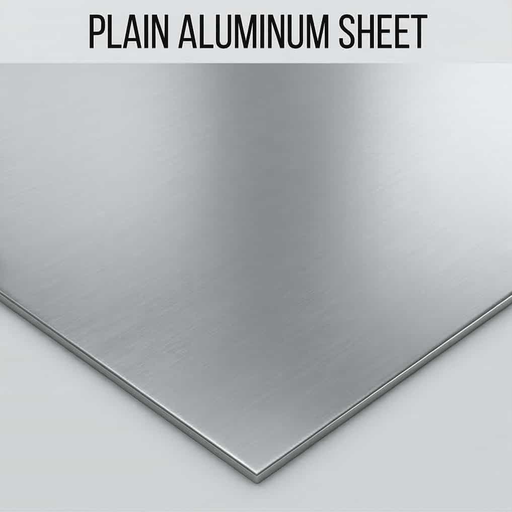 A flat, plain aluminum sheet with a smooth mill finish used for roofing and cladding.