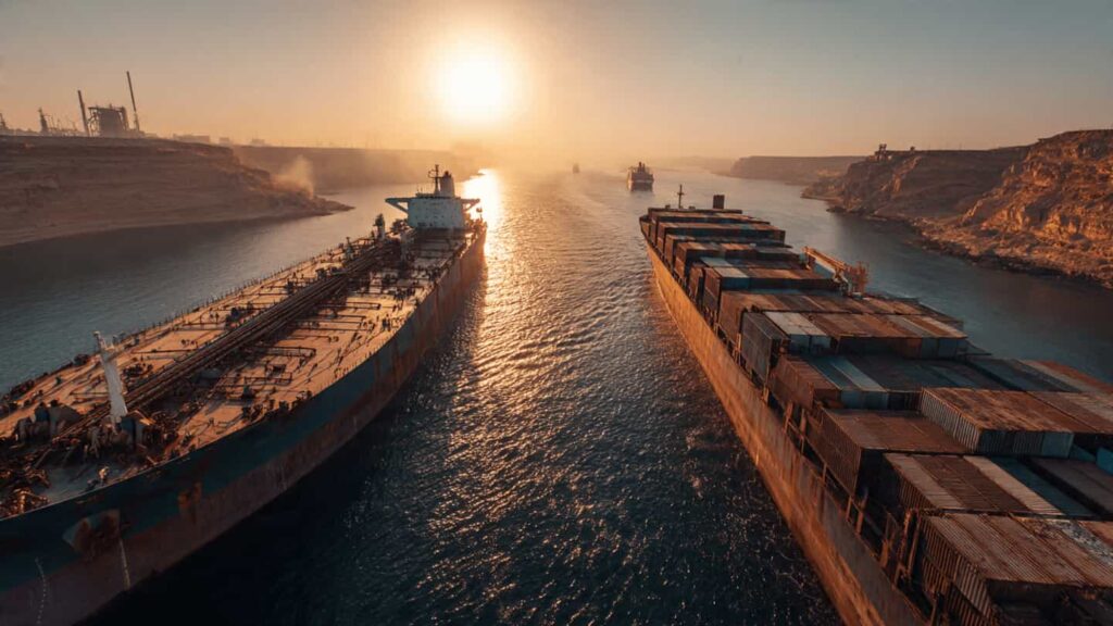 Container ship sailing through the Strait of Hormuz amid global shipping disruptions affecting aluminium supply chains