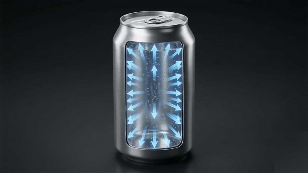 cutaway aluminum beverage can showing internal pressure pushing outward