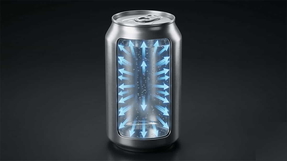 cutaway aluminum beverage can showing internal pressure pushing outward