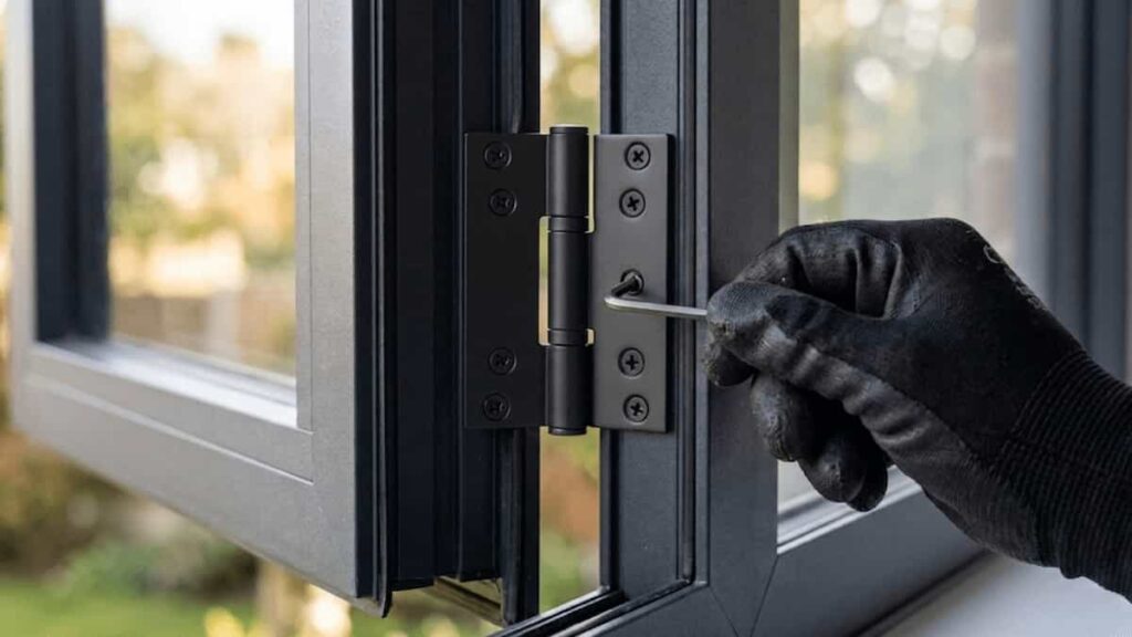 A gloved hand using an Allen key to adjust the friction stay hinge on an open aluminium casement window.