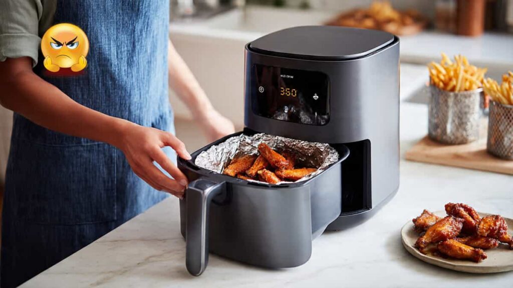 Person using aluminum foil inside an air fryer basket to cook crispy chicken wings safely.