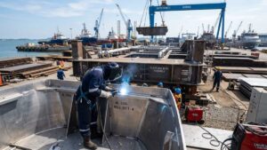 Aluminium 5086 alloy boat hull and offshore platform components under construction in a modern shipyard