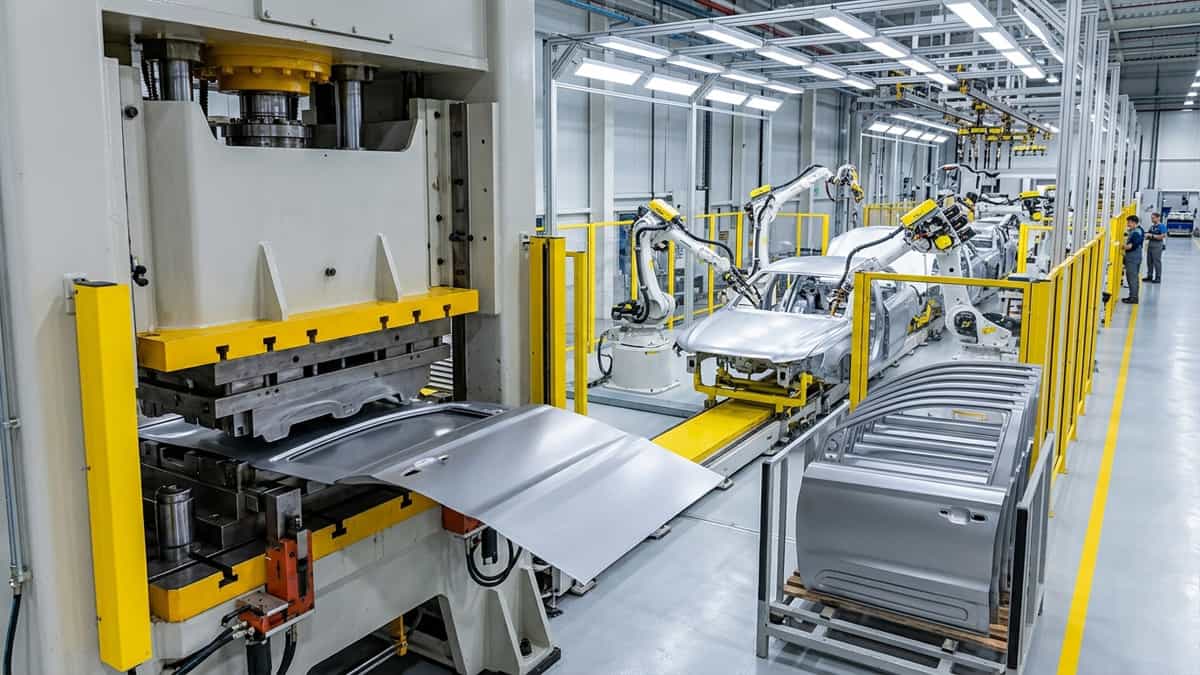 Aluminium 5754 alloy automotive body panels being stamped and assembled in a modern car manufacturing plant