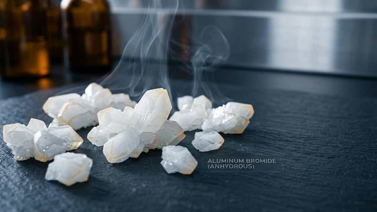 Close-up macro photograph of anhydrous aluminum bromide crystals emitting faint fumes on a dark laboratory bench.