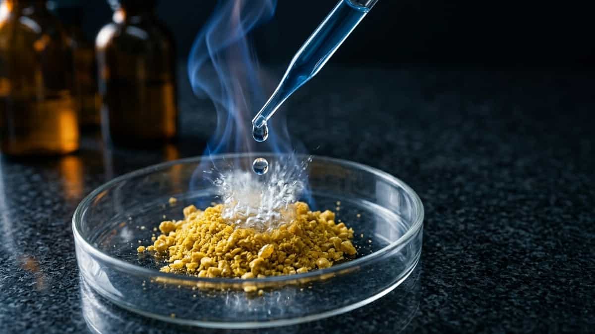 High-resolution dramatic photograph of yellow aluminum carbide powder violently combusting into blue methane flames after being touched by a water droplet.