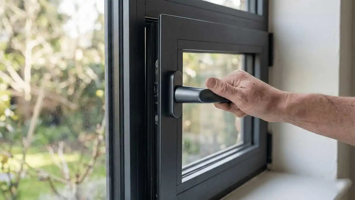 Close-up of an Aluminium casement window showing a gap at the top corner and a handle that does not align with the striker plate