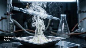 High-resolution macro shot of white anhydrous aluminum chloride powder emitting thick hydrogen chloride fumes on a laboratory surface.