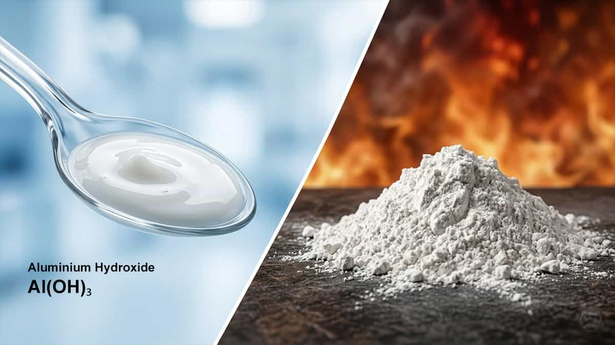 High definition split-image showing milky liquid aluminum hydroxide medication next to dry white flame retardant powder.