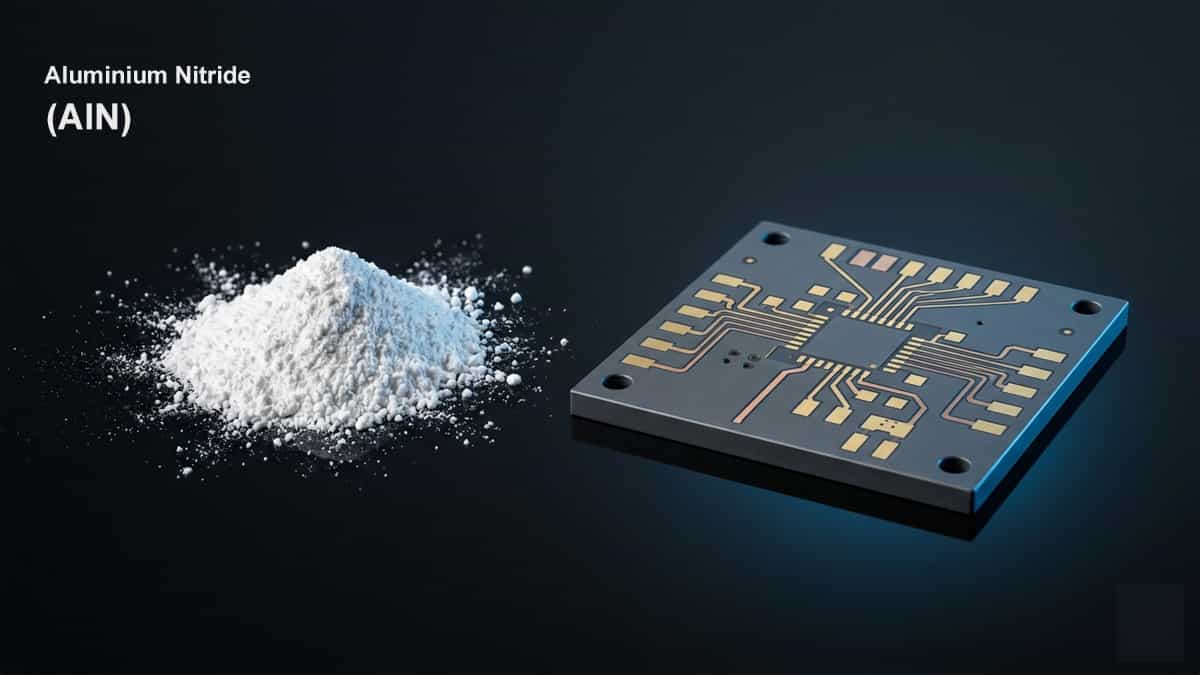 White aluminum nitride powder next to a dark gray sintered ceramic substrate plate for electronics.