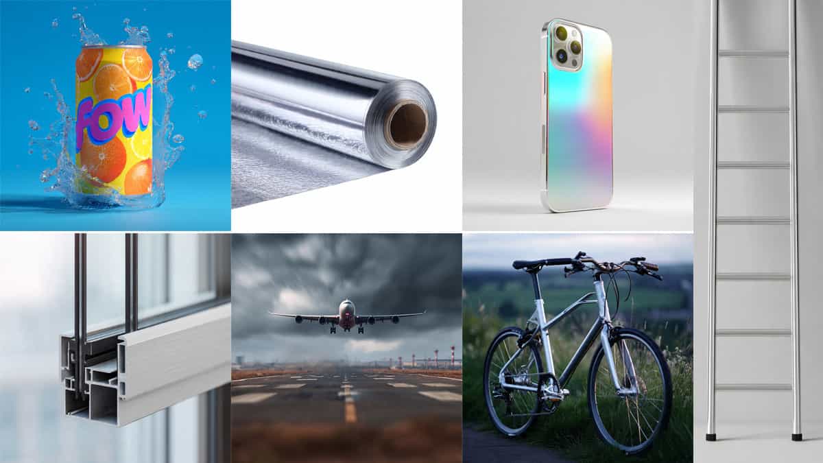 Collage of various aluminium items including cans, foil, smartphone, airplane part, and window frame.