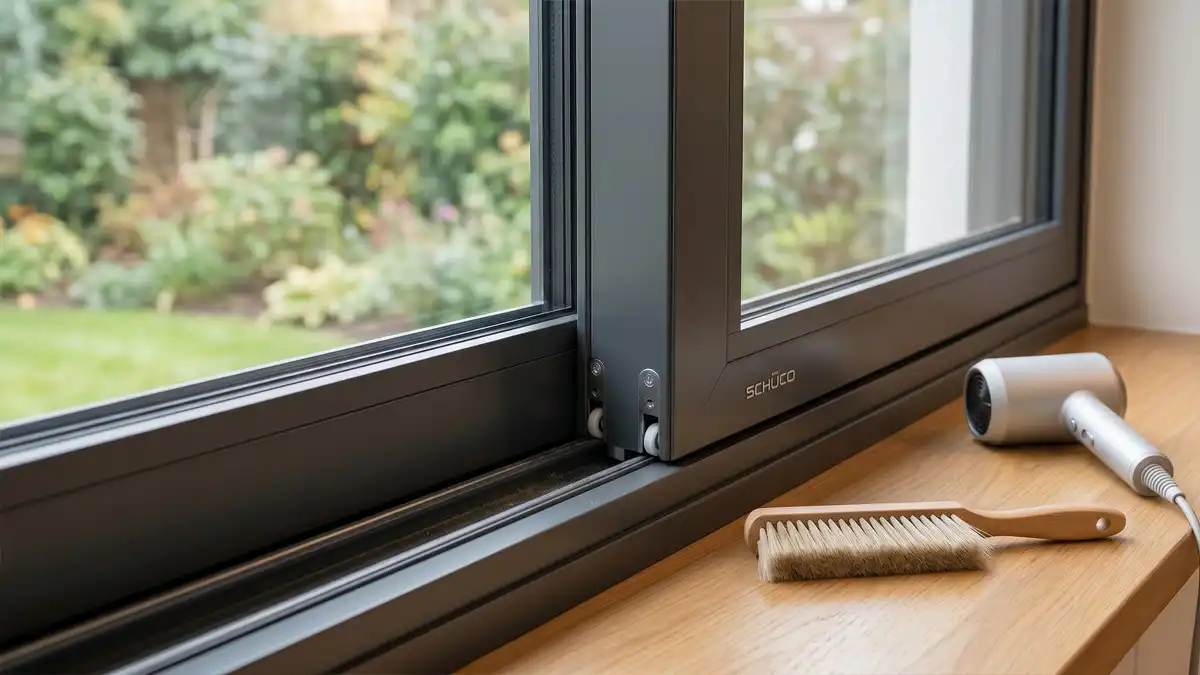 Interior view of a clean aluminum sliding window track on a wooden sill with a dusting brush and hair dryer for easy maintenance.