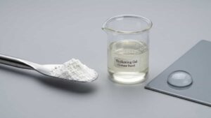 White fluffy aluminum stearate powder on a spatula, with a beaker of thickened oil gel and a water bead on a treated surface.