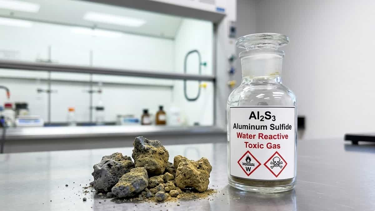 Grey‑yellow aluminum sulfide solid chunks next to a sealed hazard‑labeled bottle in a laboratory fume hood.
