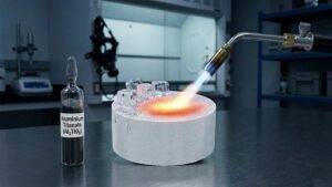 White aluminum titanate ceramic honeycomb block with a blowtorch flame on one side and ice cubes on the opposite edge, showing thermal shock resistance.
