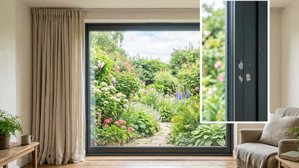 Aluminium window in a cozy home interior showing small bubbles and peeling powder coating on the right side of the frame with garden view.