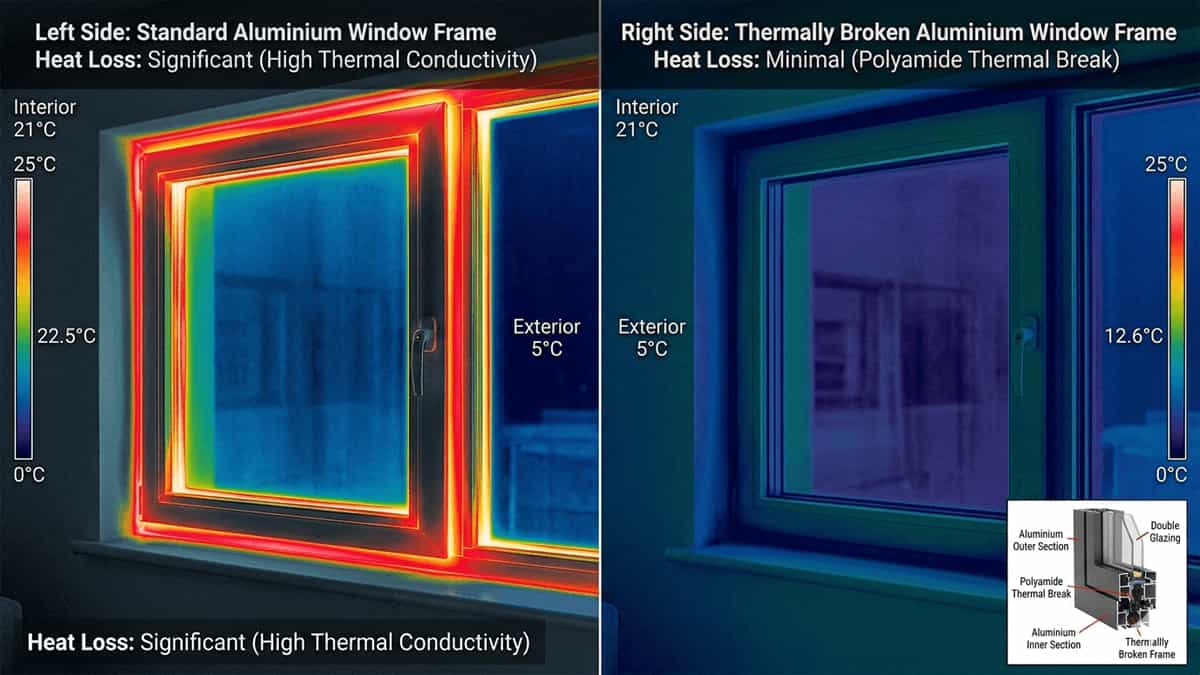 Thermal imaging view of a standard Aluminium window frame showing red hotspots indicating heat loss, compared to a thermally broken frame in cooler blue tones