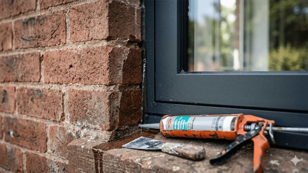 Close-up of water seeping from gap between aluminium window frame and brick wall, with caulking tools nearby