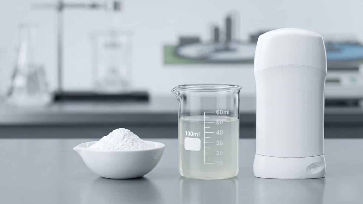 White aluminum chlorohydrate powder in a dish, a beaker of solution, and an antiperspirant stick on a laboratory bench.