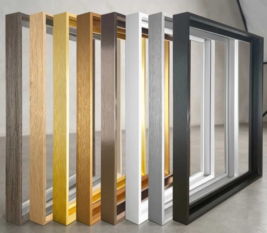 A range of anodized aluminium window frame samples in various metallic finishes including bronze, gold, silver, and black.