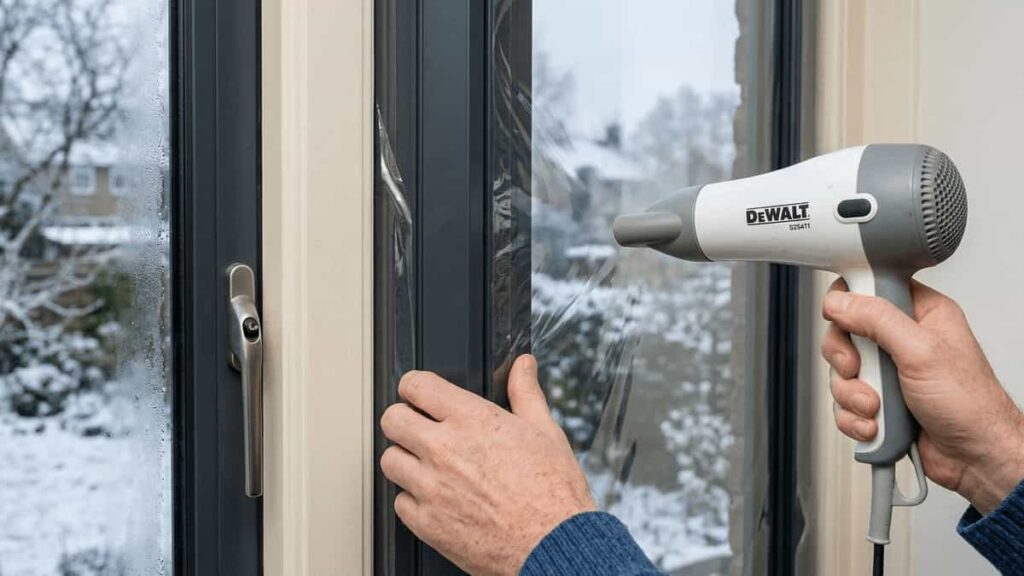 Hands applying heat‑shrink secondary glazing film to a dark grey Aluminium window frame using a hairdryer