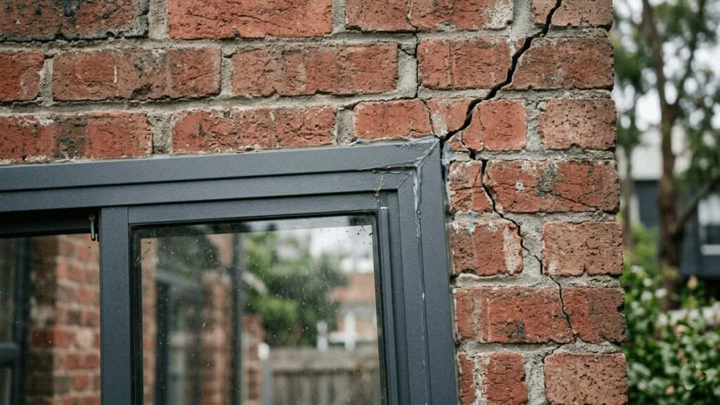 A structural crack in a brick wall meeting the top corner of a dark grey aluminium window frame, indicating building settlement.