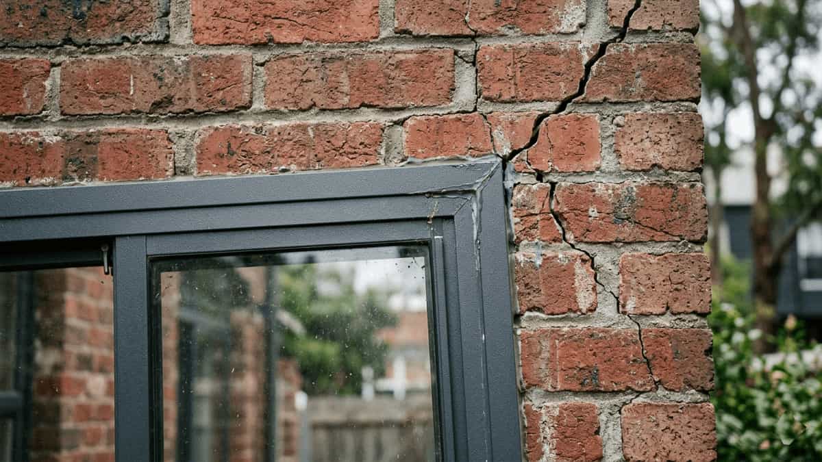 A structural crack in a brick wall meeting the top corner of a dark grey aluminium window frame, indicating building settlement.