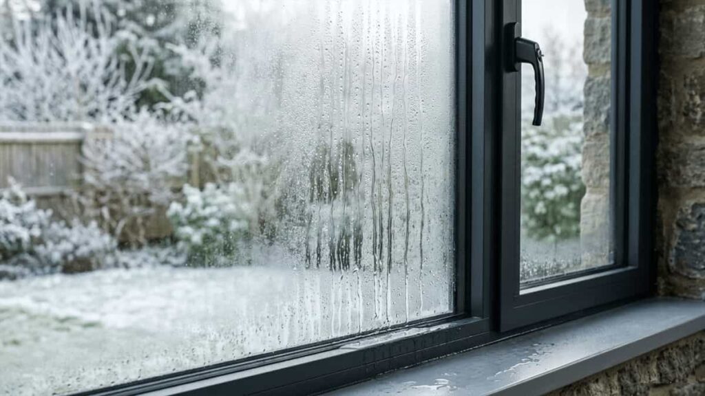 Close-up of water droplets streaming down a glass pane inside an Aluminium window frame, with a blurred winter landscape outside