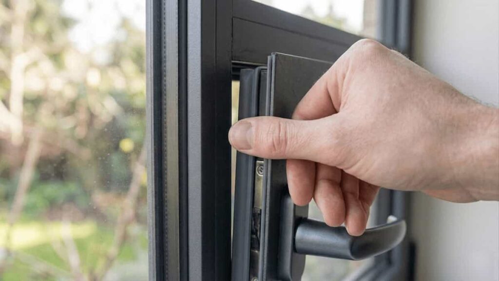 Hands pressing a new rubber bulb seal into the channel of an Aluminium window frame, working around a corner